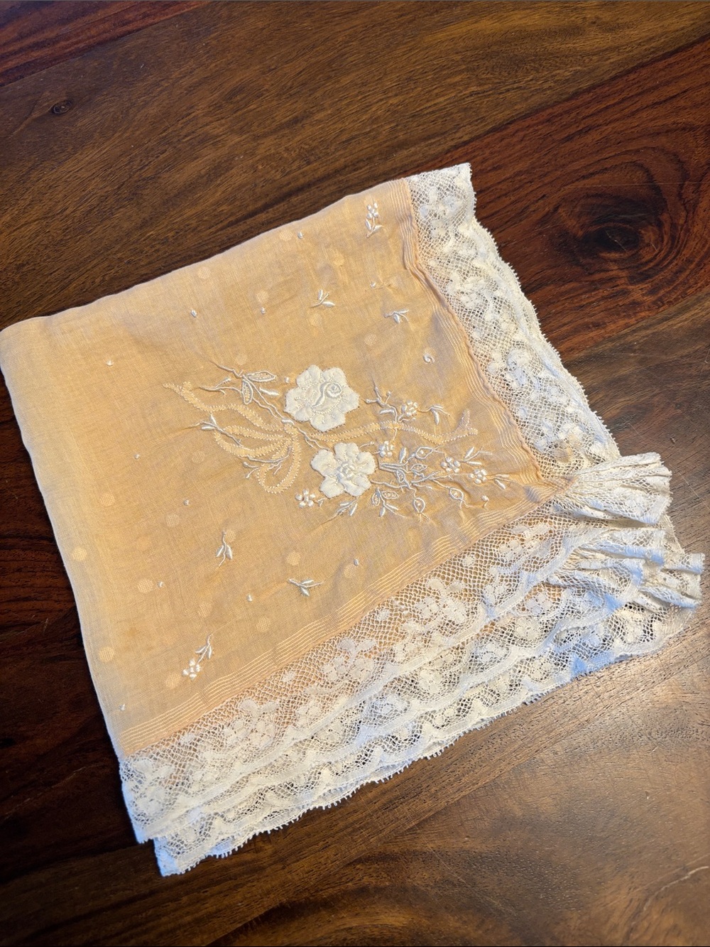 Vintage Lace-Edged Embroidered Cream Handkerchief Floral Design -Weddings Oh my!